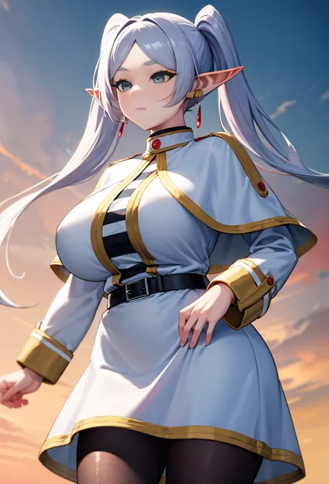 Big breast,wide hips,thicc tigh,blue eyes ,aafrie, long hair, white hair, twintails, pointy ears, earrings, thick eyebrows, whit...