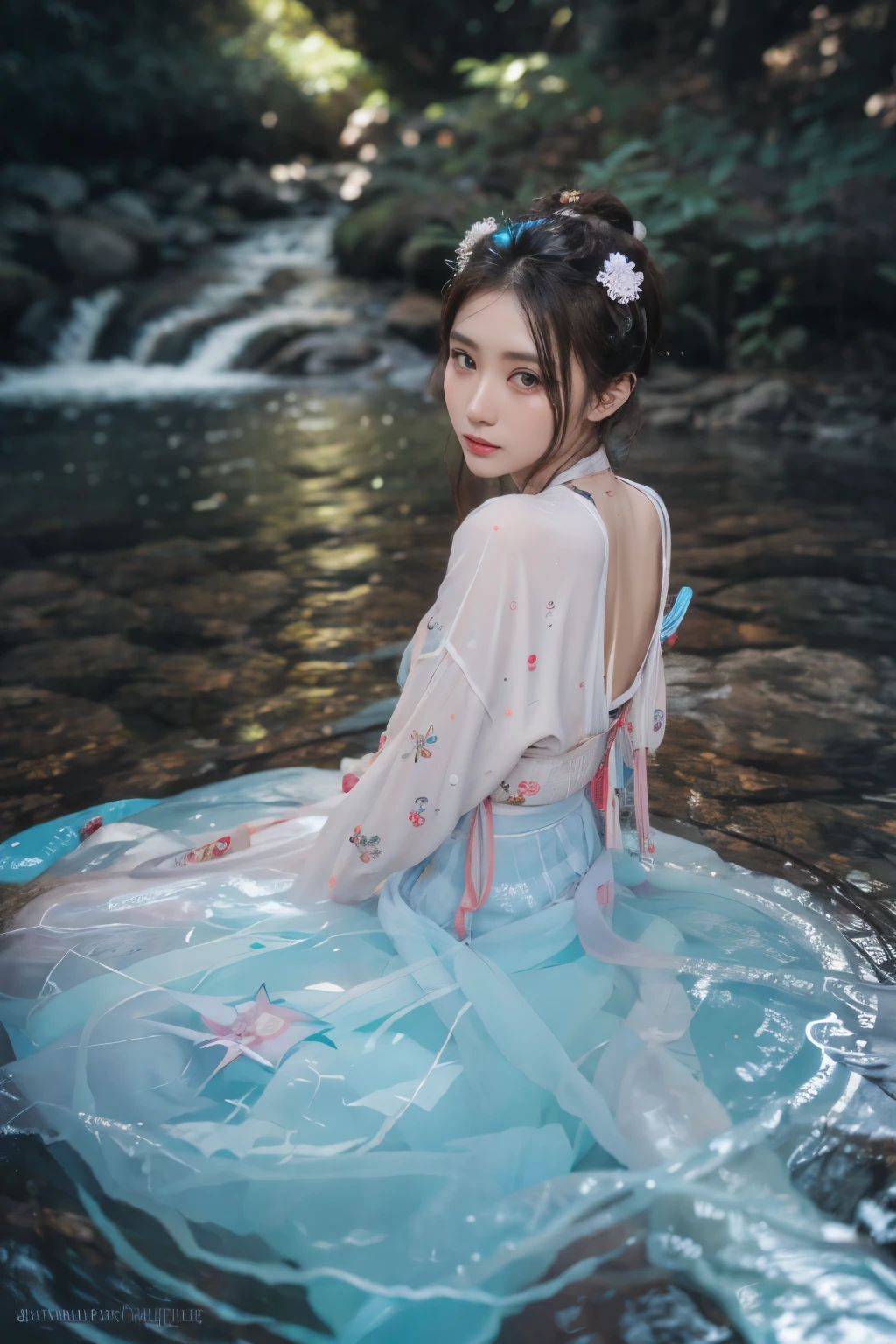 1girl,blue sky and white clouds,water,