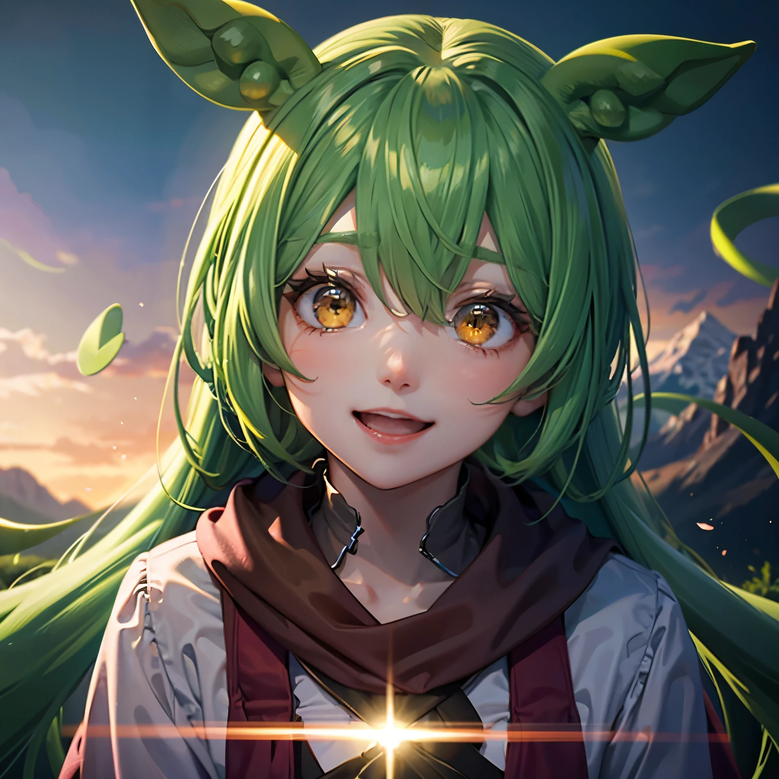 Dark green hair, eyes are yellow, scenery, Mountain, Upper Body, smile, Sitting, Open your mouth, Particles of light, Looking at the audience, Face Focus