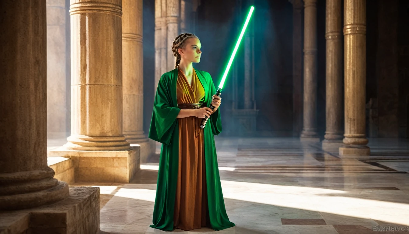 Une apprentie Jedi se tient dans un temple antique., La lumière du soleil entre par les vitraux et illumine son visage.. Elle tient un sabre laser vert dans une main et un livre ancien dans l'autre... Elle est vêtue d'une simple robe brune et ses cheveux sont tressés... (style réaliste, Éclairage dramatique, couleurs vives, Composition centralisée)