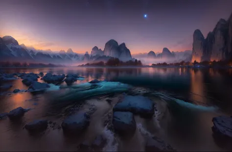 arafed view of a river with rocks and mountains in the background, photography taken during the blue hour, karst, riverside, chi...