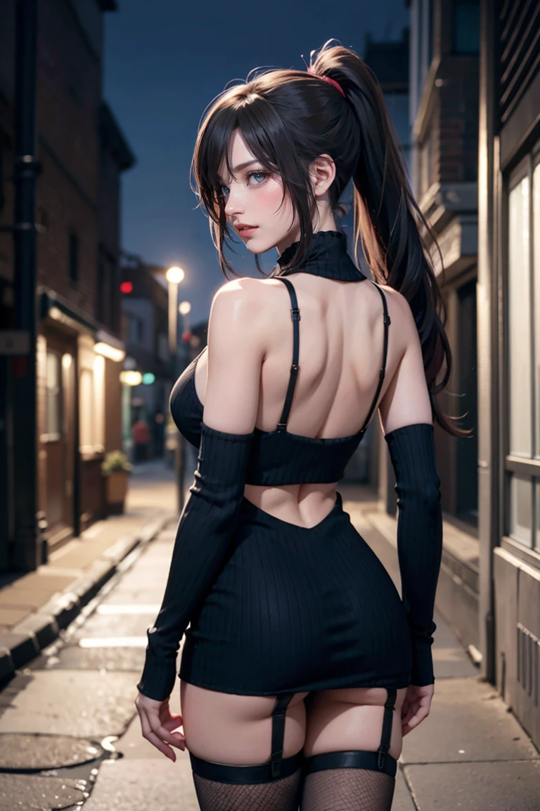 (((nsfw0.8))),Looking into the camera,(((Highest quality, 8k, masterpiece))), ponytail,Sharp focus, (Beautiful woman with perfect figure), thin, (Hairstyle: wonderful)), ((Back alley at night)), street: 1.2 非常に詳細な顔と肌の質感詳細な目double eyelidランダムな姿勢, (smile), Realistic Face, double eyelid,smile, Cyberpunk City , At sunset , Beautiful Teeth , Thigh straps, Wear a leather jacket、camisole、Grey vertical rib sweater dress、Fishnet tights、garter belt、Night view、Full Body Shot, Centered,(tall)