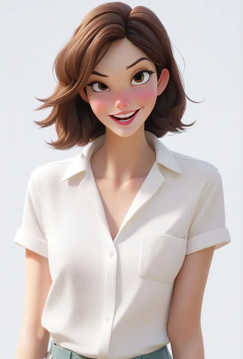 4k，Highly fine-grained，（迪士尼皮克斯3dCartoon风格：1.15）,A short-haired girl in a white shirt，Cartoon，3d,HD，best quality，Smile,laughing o...