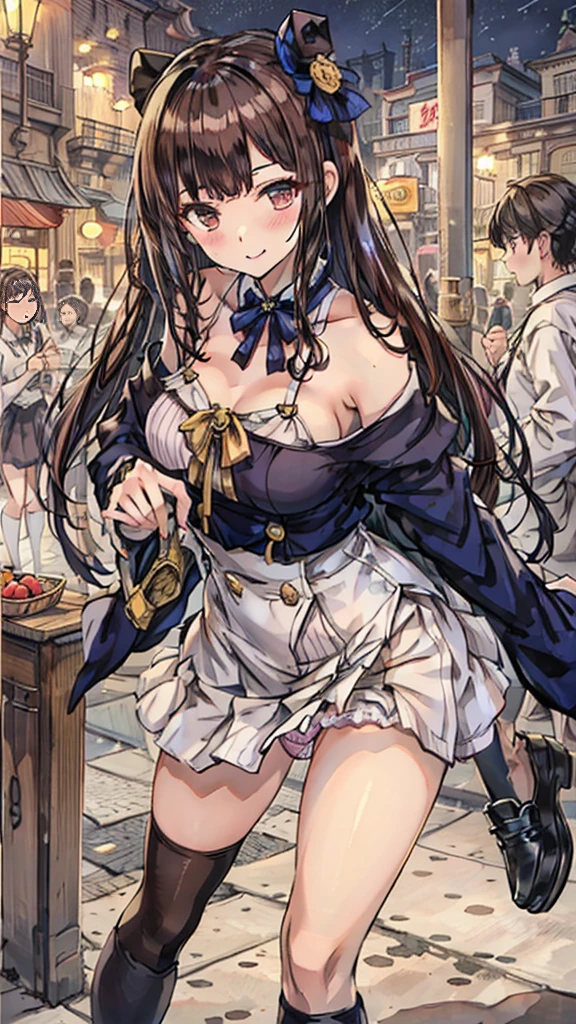 {Highest quality], [Super beautiful], [Ultra fine], [Best illustration], NSFW,Brown Hair, Hime cut, Long Hair, With bangs, girl,high school student,uniform,knit,skirt,smile, blush, Slender women, Adult women,Standing posture,(Public),Night Park,Summer festival,diagonal, Navy blue knee socks,Black Loafers、Stripes々
Panties、In underwear