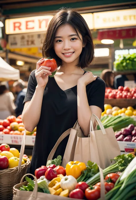 cinematic still of girl holding shopping bag full of vegetables with paws, shopping with smile in a market. . shallow depth of f...