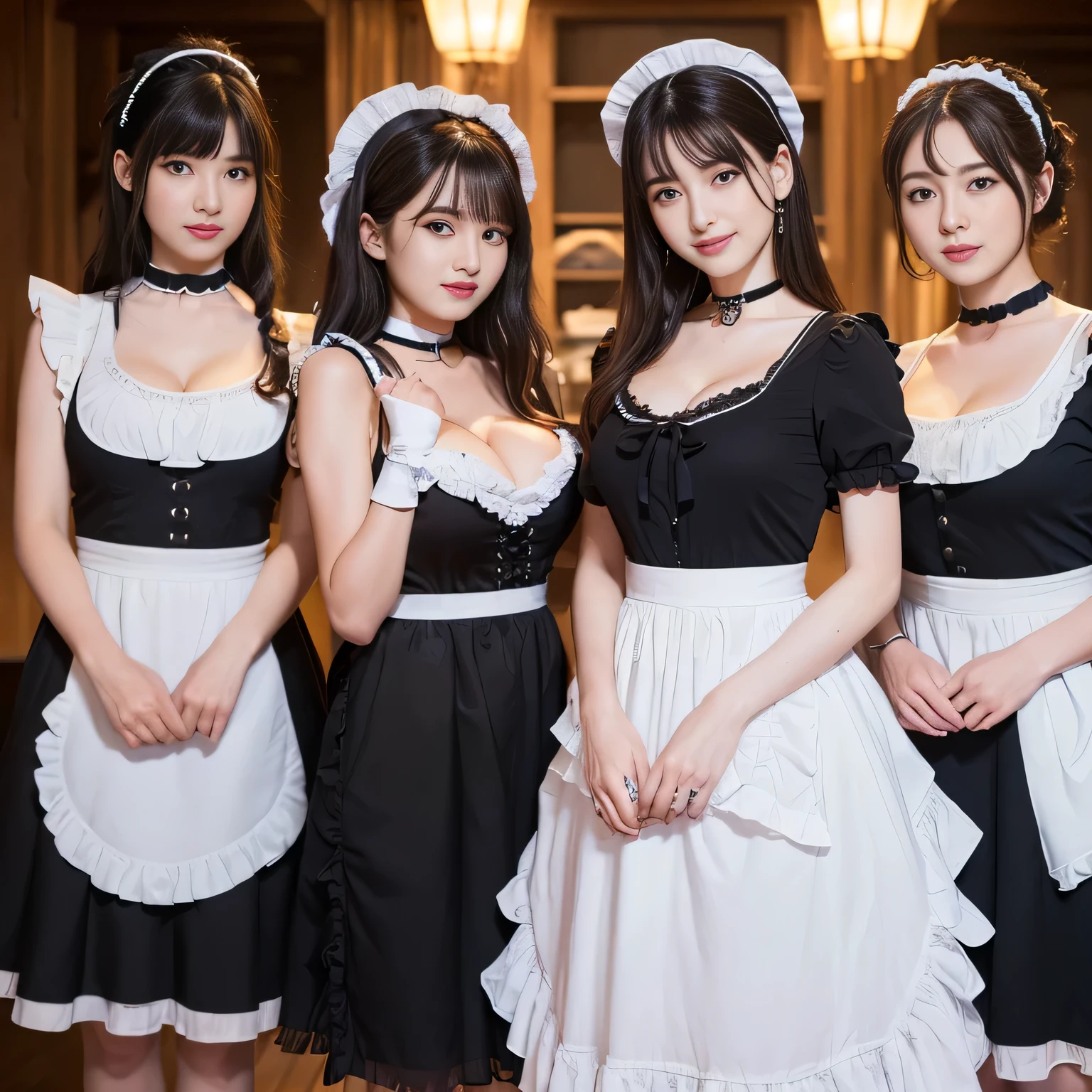 ((Highest quality, 8k, Representative works in detail, Ultra-high resolution)), Group photo, (Looking at the audience), (Cowboy Shot), Attractive women, ((Big Breasts)),  smile, ((Black Choker)), Slim figure, (Blue contacts), Long eyelashes, bangs, Beautiful shiny brown hair, Nogizaka idol, Slim face、((Maid clothes, Frills, Apron dress、Girls&#39; Middle School))、Dependents、garden, city、user、Devil&#39;s Smile