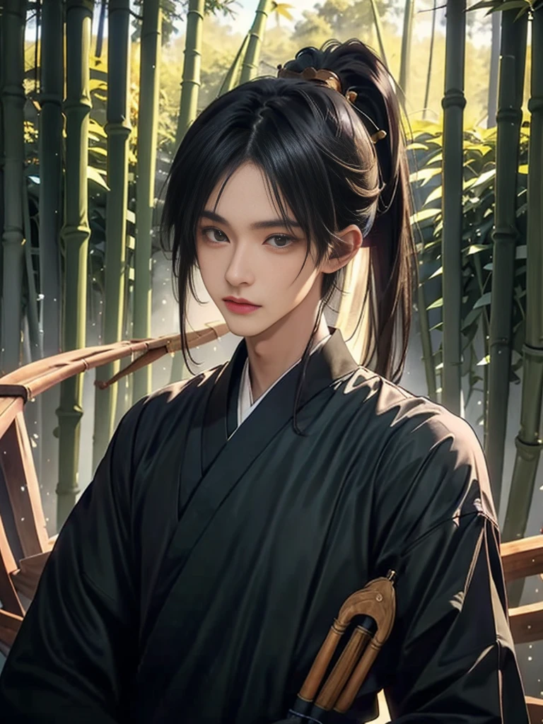 A close-up of a boy in a bamboo forest, long black hair, ponytail, green headdress, carrying a lantern, bamboo leaves falling, hazy smoke, green Hanfu,23 year old boy,1boy,cute 23 year old boy,professional boy photo, photo of boy 23 years old, thin boy,mature beautiful face,fair skin,super scale, 24k,hdr,perfect body boy,blush,  big folding fan front boy