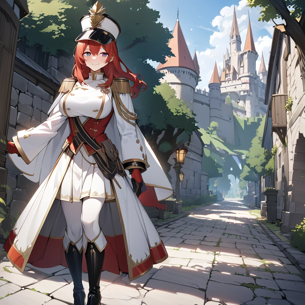 A woman wearing a white British royal guard uniform with gold details, white skirt, black boots, traditional white royal guard hat, red red hair, purple eyes, smiling, walking on a medieval concrete road, trees around, with castle right next to background, daytime location, big breasts, white cape with gold details, standing, posture,perfect face,UHD , work- prime, precise, anatomically correct, textured skin, super details, high quality, best quality, 8k, high resolution, bokeh effect. (woman solo)
