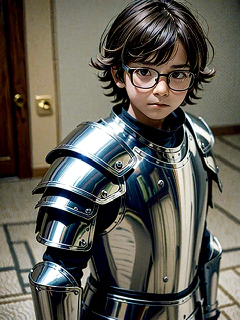 10 year old boy with shaggy brown hair wearing steel plate knight armor, shy expression, circle glasses, nerd