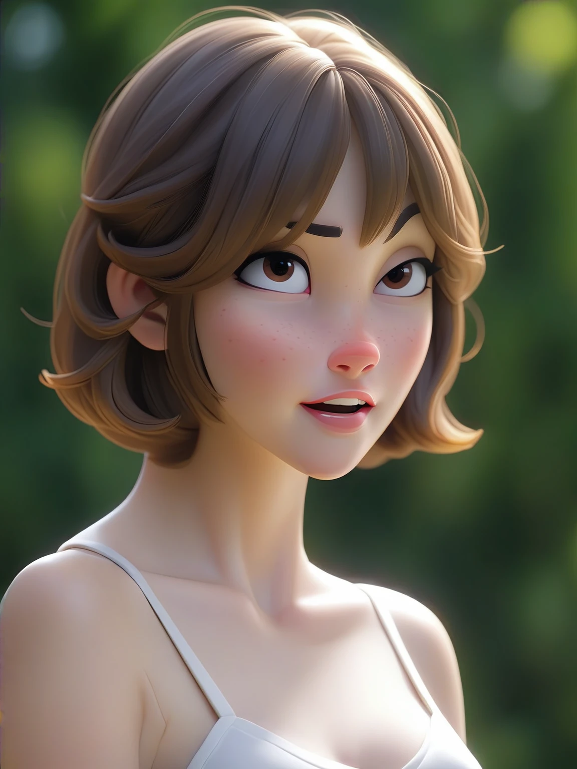 4k，Highly fine-grained，（迪士尼皮克斯3dCartoon风格：1.15）,A short-haired girl wearing a white suspender，Cartoon，3d,HD，best quality，Smile,laughing out loud，masterpiece，best quality，Perfect eyes