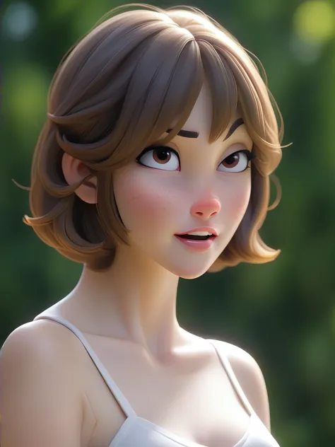 4k，Highly fine-grained，（迪士尼皮克斯3dCartoon风格：1.15）,A short-haired girl wearing a white suspender，Cartoon，3d,HD，best quality，Smile,l...