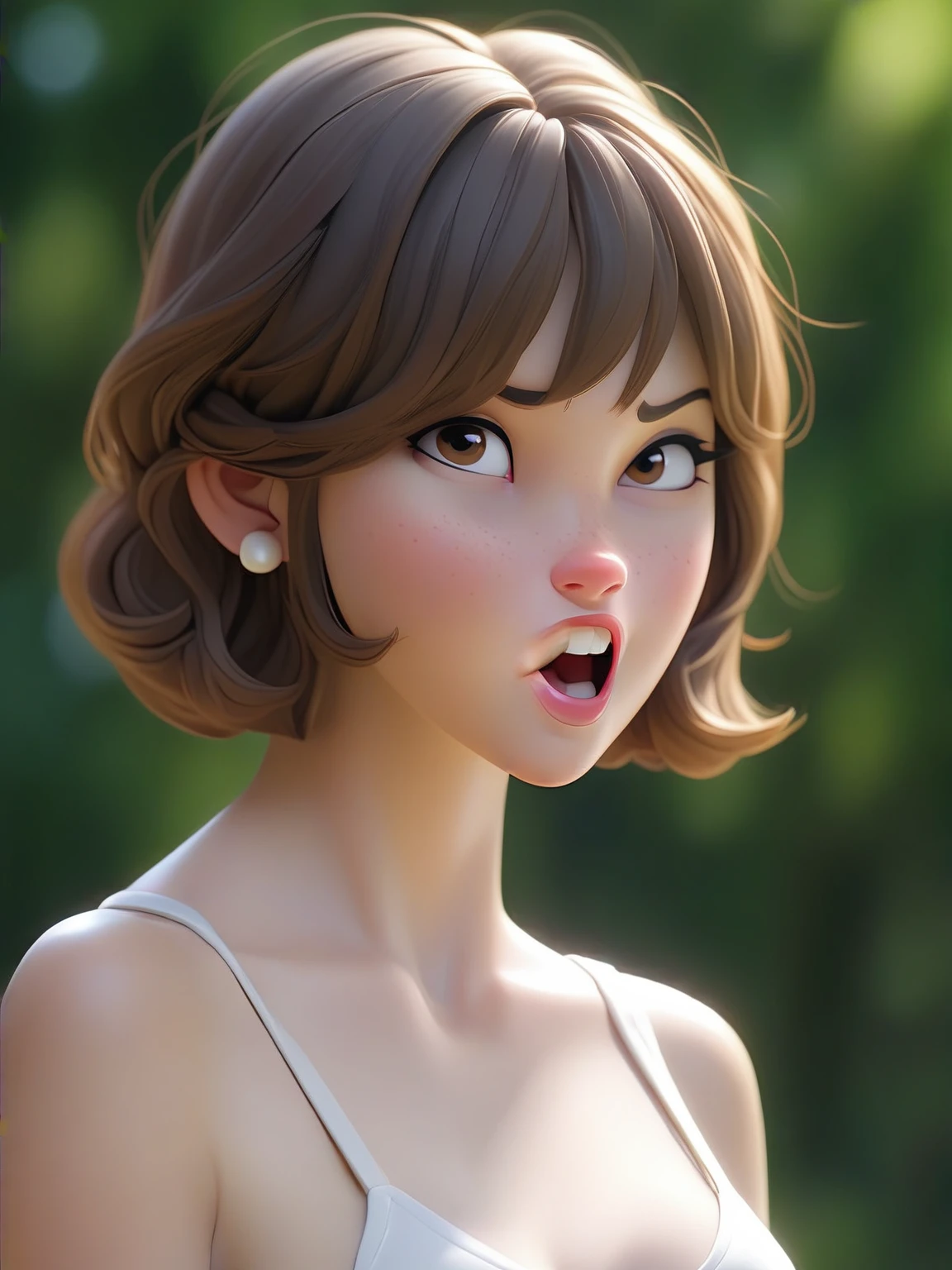 4k，Highly fine-grained，（迪士尼皮克斯3dCartoon风格：1.15）,A short-haired girl wearing a white suspender，Cartoon，3d,HD，best quality，Smile,laughing out loud，masterpiece，best quality，Perfect eyes