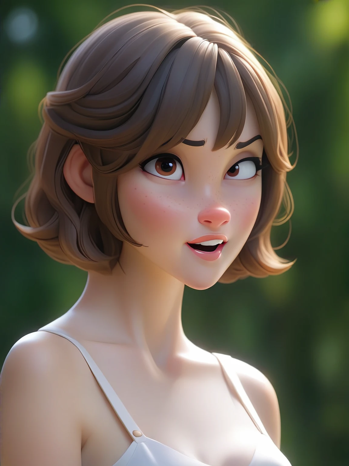 4k，Highly fine-grained，（迪士尼皮克斯3dCartoon风格：1.15）,A short-haired girl wearing a white suspender，Cartoon，3d,HD，best quality，Smile,laughing out loud，masterpiece，best quality，Perfect eyes