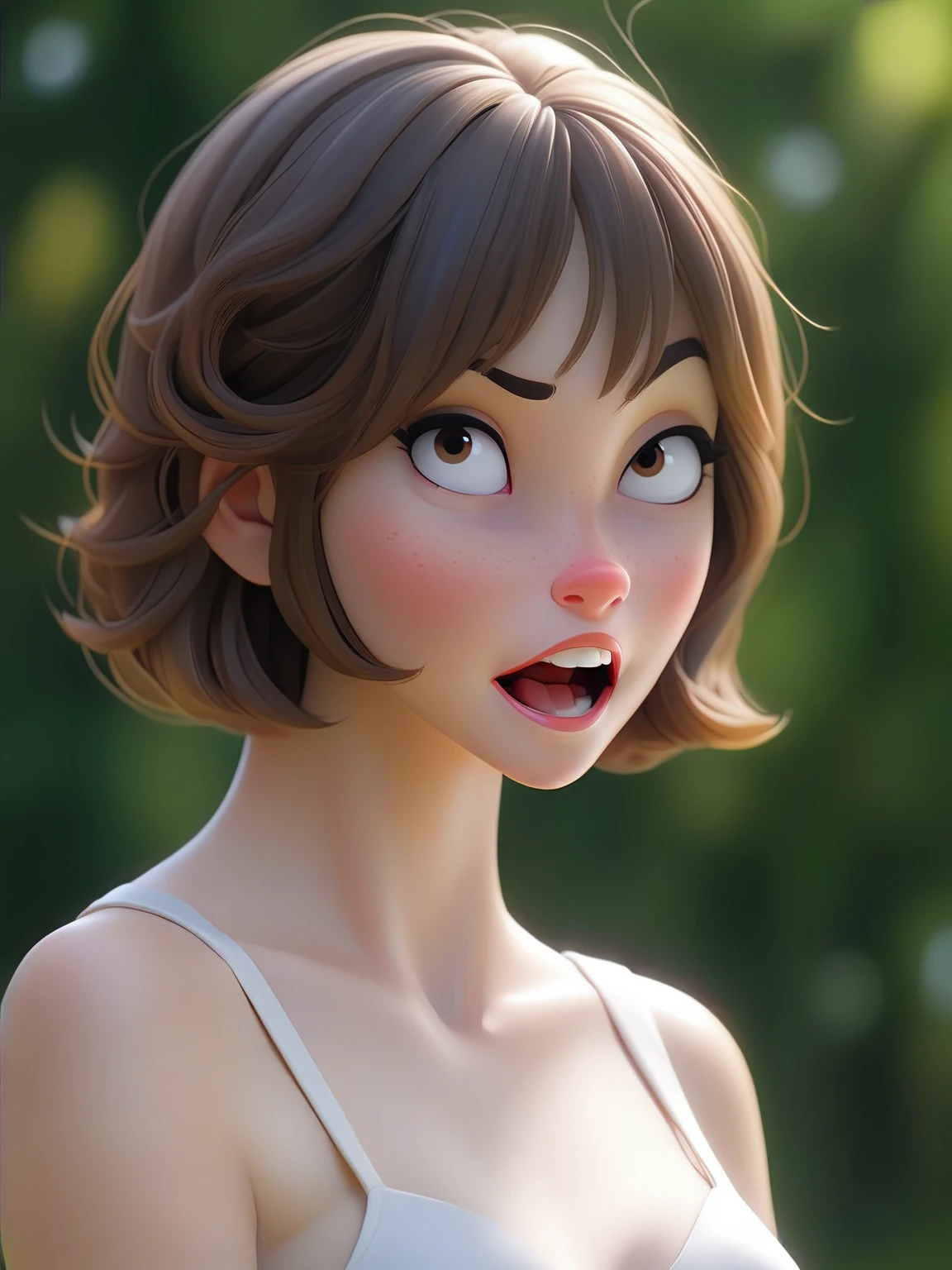 4k，Highly fine-grained，（迪士尼皮克斯3dCartoon风格：1.15）,A short-haired girl wearing a white suspender，Cartoon，3d,HD，best quality，Smile,laughing out loud，masterpiece，best quality，Perfect eyes