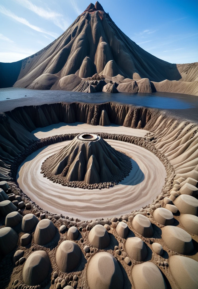 Sand sculpture style,  Volcano giant stands beside lava lake，The whole body is made of hot rocks，Every time you step on the ground, it causes the ground to vibrate.，Its size dwarfs the surrounding craters.，Strong sense of déjà vu 。