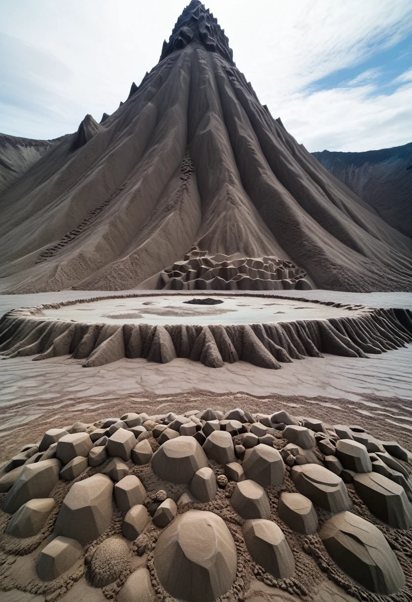 Sand sculpture style,  Volcano giant stands beside lava lake，The whole body is made of hot rocks，Every time you step on the ground, it causes the ground to vibrate.，Its size dwarfs the surrounding craters.，Strong sense of déjà vu 。