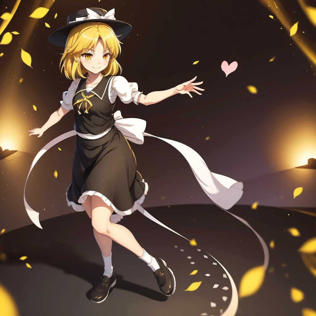 1girl, , , masterpiece, best quality, 10 years old, medium blonde hair, forehead visible bags, yellow eyes, hat, heart, black headwear, puffy short sleeves, log black skirt, heart hads,,1girl, solo, yellow eyes, yellow hair, bow, hat bow, socks, black footwear, black skirt, short sleeves, yuki (touhou), black vest, white sleeves, frill skirt, light smile