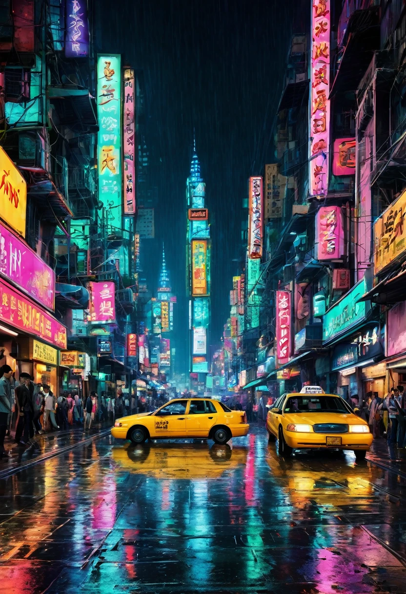Imaginez un paysage urbain animé la nuit, vivant avec la lueur vibrante des enseignes au néon se reflétant dans les rues mouillées par la pluie, animé de taxis et de piétons.