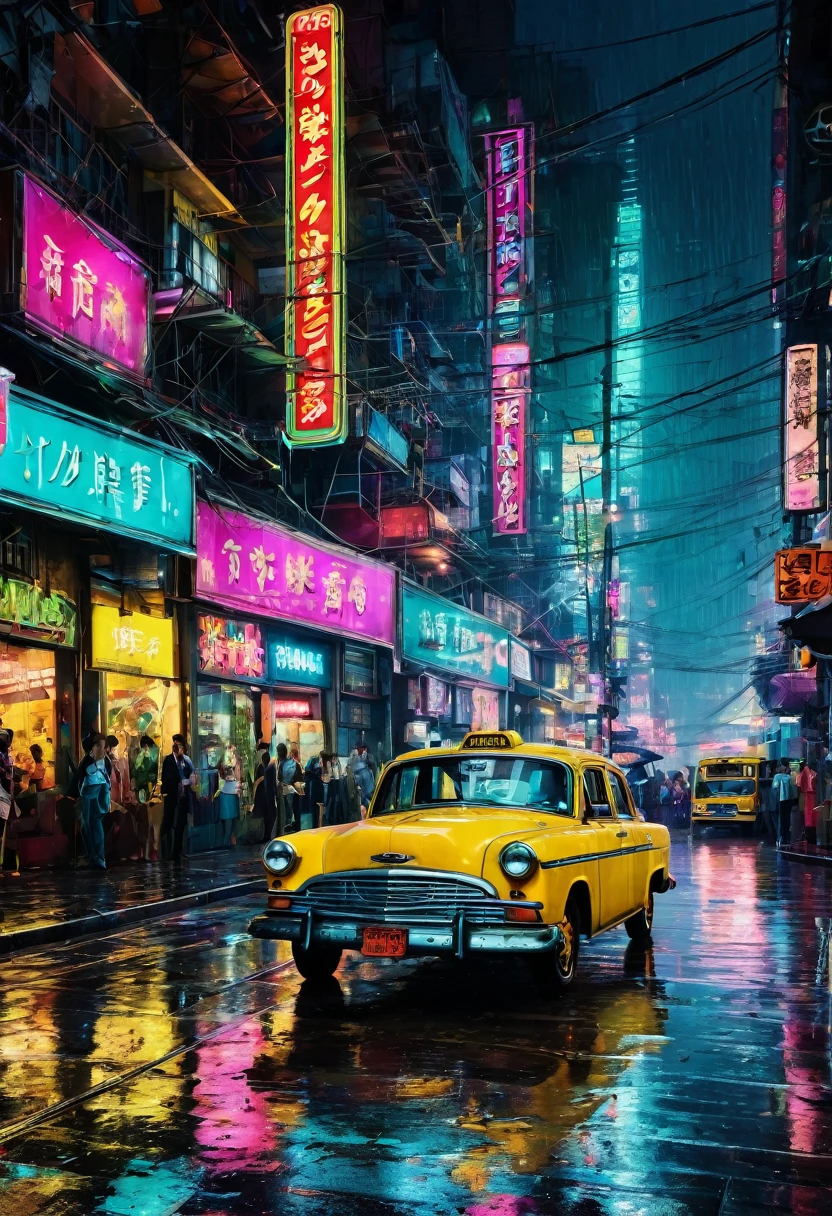 想象一下夜晚繁华的城市景观, 霓虹灯在雨水打湿的街道上闪烁，显得生机勃勃, 熙熙攘攘的出租车和行人.