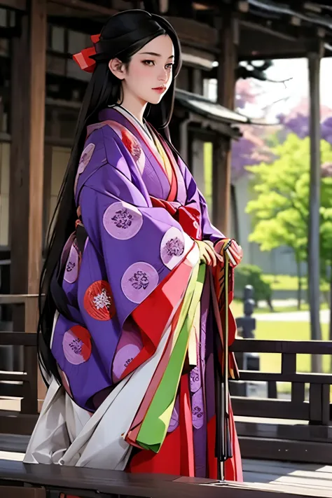 (masterpiece, best quality:1.2), 1girl, juni-hitoe, solo, very long black hair, purple-red karaginu, purple-red hakama, holding ...