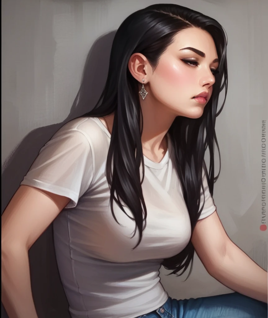 score_9, score_8_up, score_8, rating_safe, traditional art, 1girl, adamhughesstyle, minkostyle, realistic, black hair, loose untucked t-shirt, jeans pants, earrings, detailed