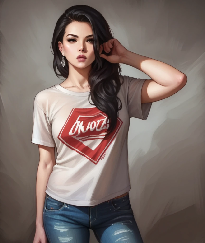 pontuação_9, pontuação_8_acima, pontuação_8, avaliação_seguro, arte tradicional, 1 garota, estilo adamhughes, Estilo Minko, realista, Cabelo preto, camiseta solta para fora da calça, Calça Jeans, Brincos, detalhado