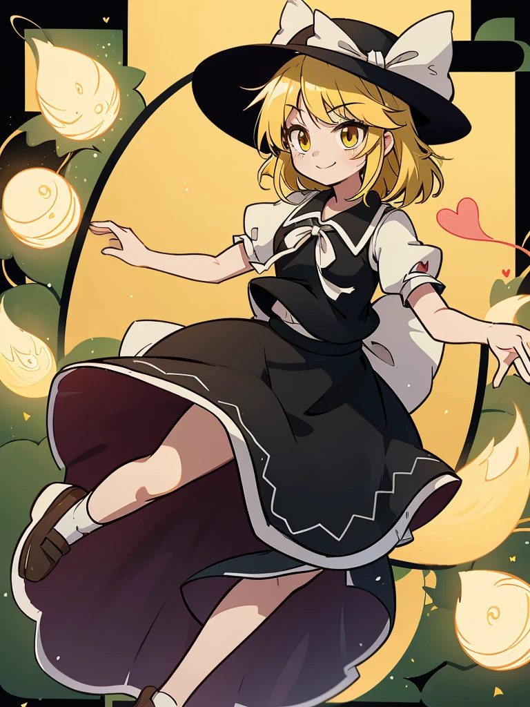 1girl, , , masterpiece, best quality, 10 years old, medium blonde hair, forehead visible bags, yellow eyes, hat, heart, black headwear, puffy short sleeves, log black skirt, heart hads,,1girl, solo, yellow eyes, yellow hair, bow, hat bow, socks, black footwear, black skirt, short sleeves, yuki (touhou), black vest, white sleeves, frill skirt, light smile