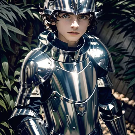 10 year old arafed boy in a knight costume standing in front of a forest, dressed as a knight, finn wolfhard, covered in full me...