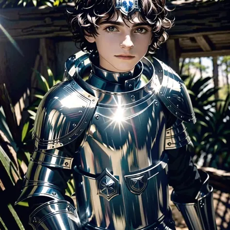 10 year old arafed boy in a knight costume standing in front of a forest, dressed as a knight, finn wolfhard, covered in full me...