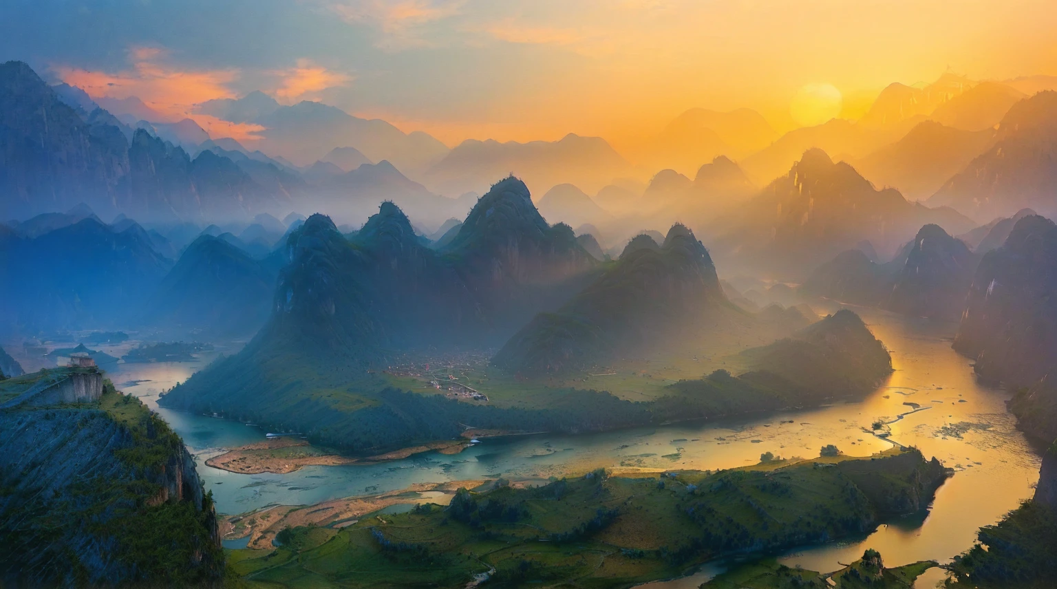 arafed view of a river and Mountains with a sunset, Chinese scenery, Karst, Stunning scenery, Dreamy Chinatown, Stunning scenery, Mountain, “ aerial view of a Mountain, East, Karst ; Wide-angle lens, Beautiful scenery, Dramatic Landscape, Morning Light, Beautiful scenery, Night settings, Magnificent natural scenery, Mountains and rivers, riverside