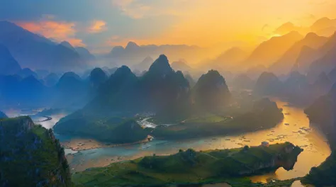 arafed view of a river and mountains with a sunset, chinese scenery, karst, stunning scenery, dreamy chinatown, stunning scenery...