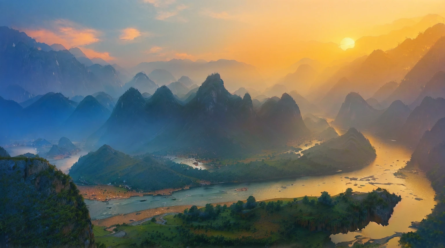 arafed view of a river and Mountains with a sunset, Chinese scenery, Karst, Stunning scenery, Dreamy Chinatown, Stunning scenery, Mountain, “ aerial view of a Mountain, East, Karst ; Wide-angle lens, Beautiful scenery, Dramatic Landscape, Morning Light, Beautiful scenery, Night settings, Magnificent natural scenery, Mountains and rivers, riverside