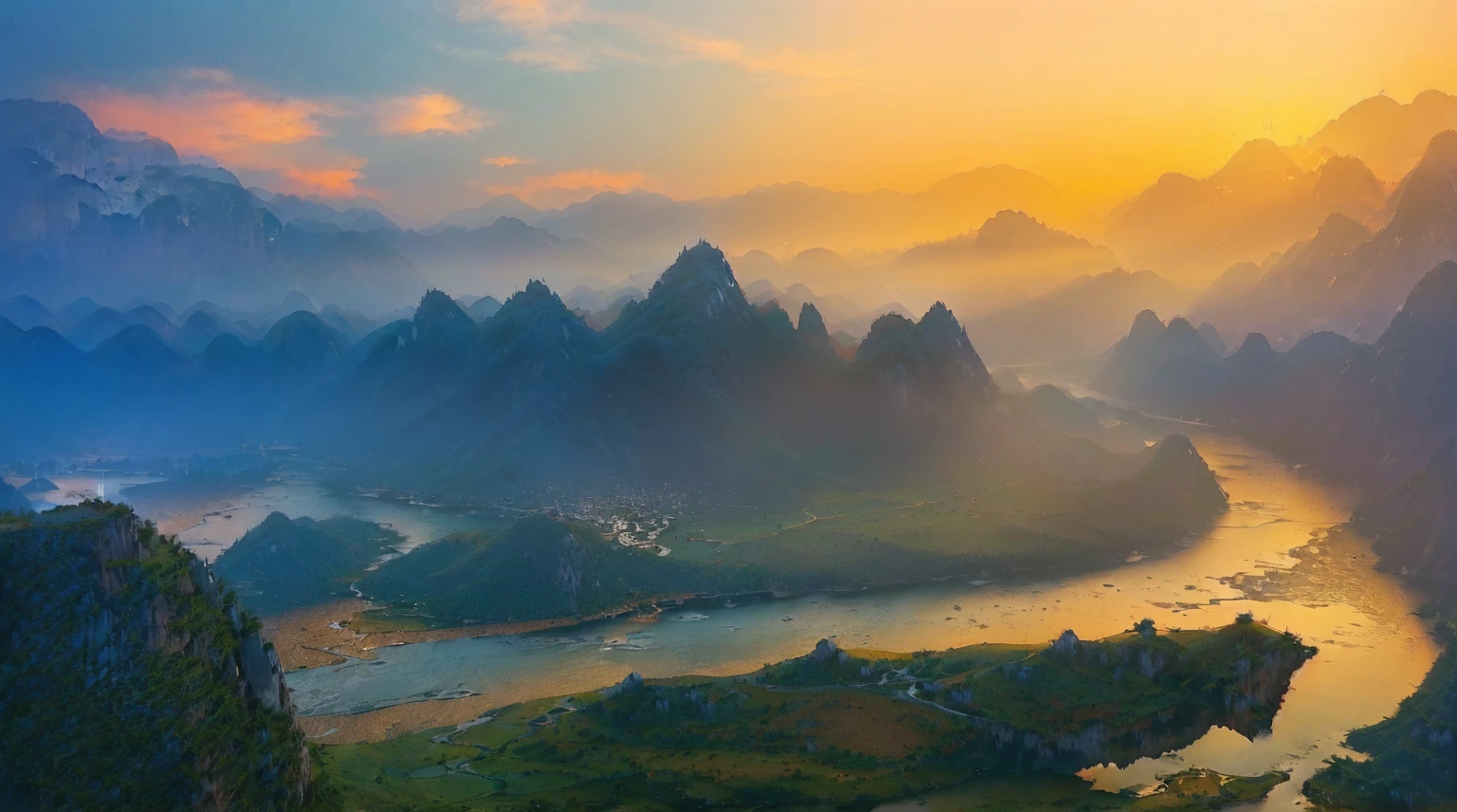 arafed view of a river and Mountains with a sunset, Chinese scenery, Karst, Stunning scenery, Dreamy Chinatown, Stunning scenery, Mountain, “ aerial view of a Mountain, East, Karst ; Wide-angle lens, Beautiful scenery, Dramatic Landscape, Morning Light, Beautiful scenery, Night settings, Magnificent natural scenery, Mountains and rivers, riverside