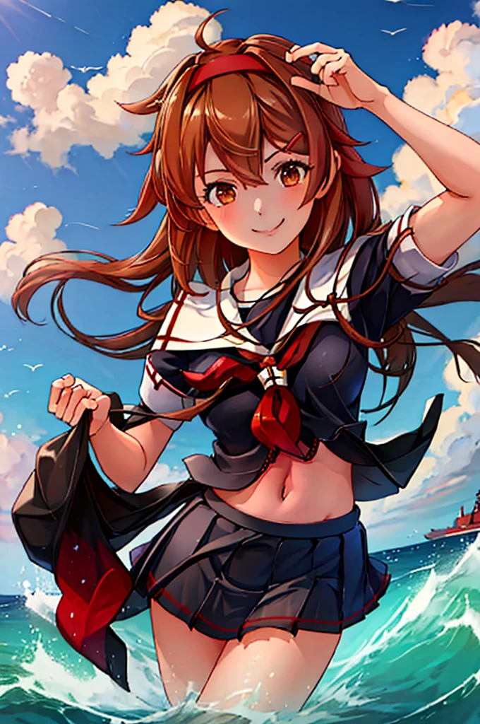 highest quality, masterpiece, High resolution, 1 girl, shiratsuyu (kancolle)(Bai Lu Kai Er　Fleet Collection:1.15), brown hair, brown eyes,  smile, slender body, full body figure,red headband, (((black sailor suit))), pleated skirt, 