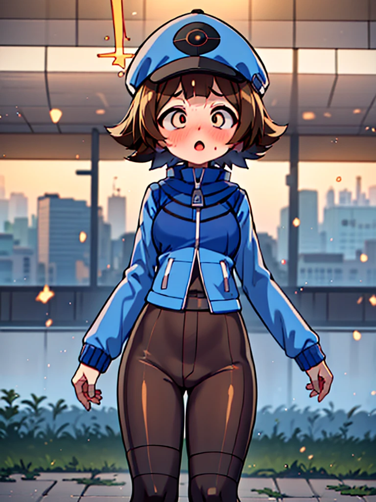 ((masterpiece, best quality)), 1girl, Hilbert (\pokemon\), medium breasts, black pants, brown hair, jacket, (blue jacket), brown eyes, baseball cap, short hair, wide eyes, round eyes, thick thighs, :O, O_O, flustered, ((scared)), shocked, ((wide eyed)), android, short hair, (big eyes:1.5), blush, smoke, android, mechanical parts, sparks, ((cross-eyed)), ((constricted pupils)),