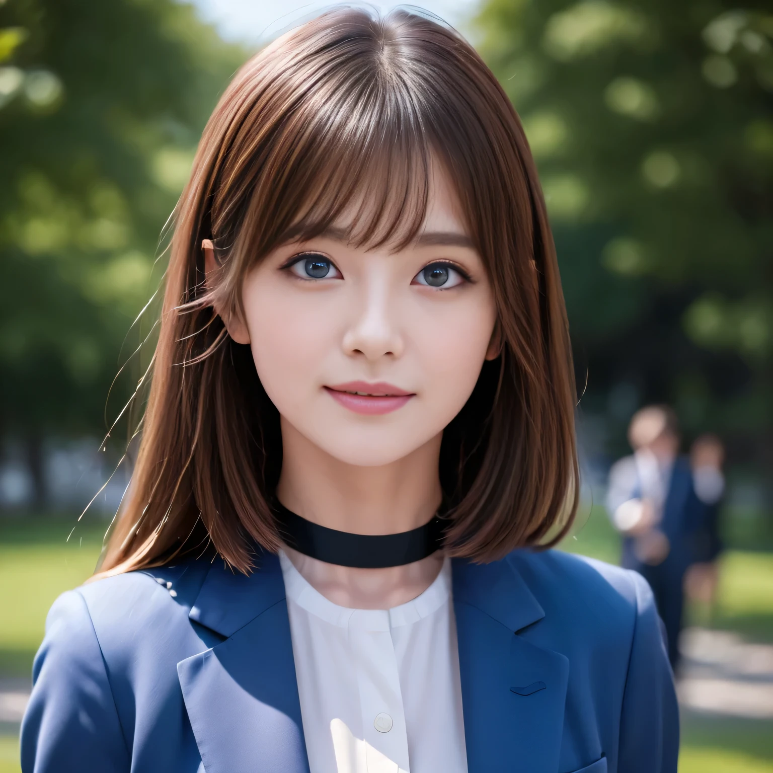 ((Highest quality, 8k, Representative works in detail, Ultra-high resolution)), (Looking at the audience), (Female employees and other employees sitting and talking at Grass Square), Attractive women, ((Big Breasts)),  smile, ((Black Choker)), Slim figure, (Blue Eyes), Long eyelashes, bangs, Beautiful shiny brown hair, Nogizaka idol, Slim face、((business suit))、Dependents、Female Employee、Grass Square、blue sky、Chatting３people