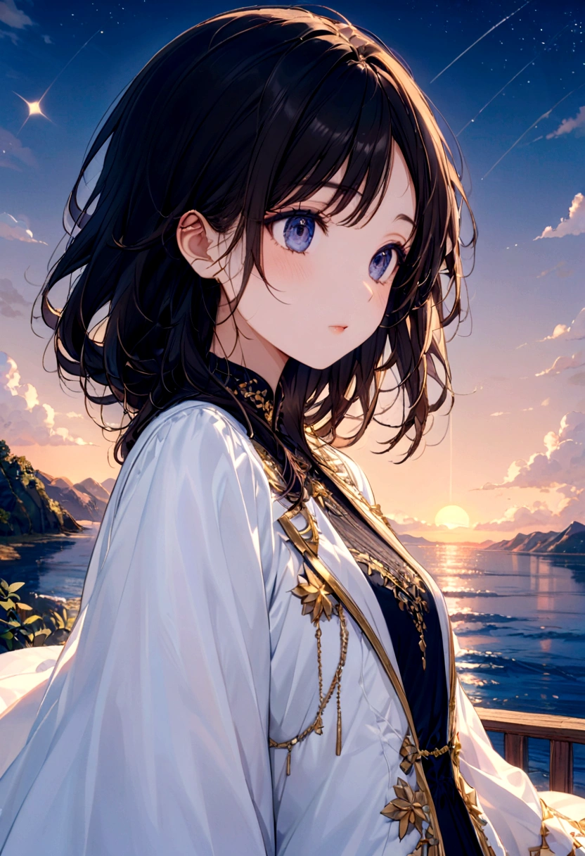 A dark-haired girl in a tight white jacket，Cute style，Lilac and Gold，avant-garde，Soft edges，Against the backdrop of dusk，There are some stars in the distance