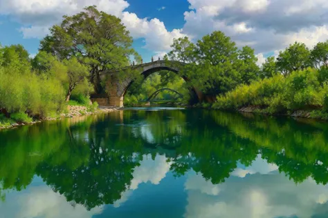 there is a river with a bridge and trees in the background, river with stunning water, reflections on the river, stone bridge, v...