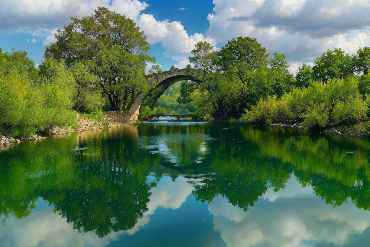 there is a river with a bridge and trees in the background, river with stunning water, reflections on the river, stone bridge, vine bridge silhouette over lake, bridge over the water, old bridge, tied bridge on local river, river with low hanging plants, green grasse trees and river, trip, Reflections in water, Incredibly beautiful, river, bridge