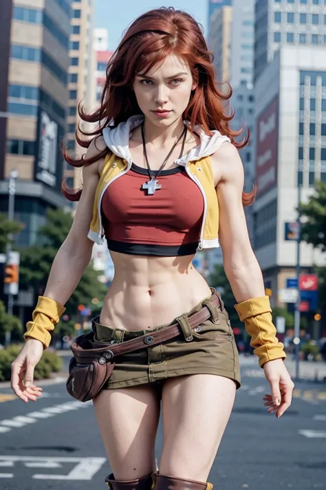 low view perspective, redhaired girl as a superheroine, straight redhaired, bangs, skirt,  super powerful, pink eyes, midriff, r...