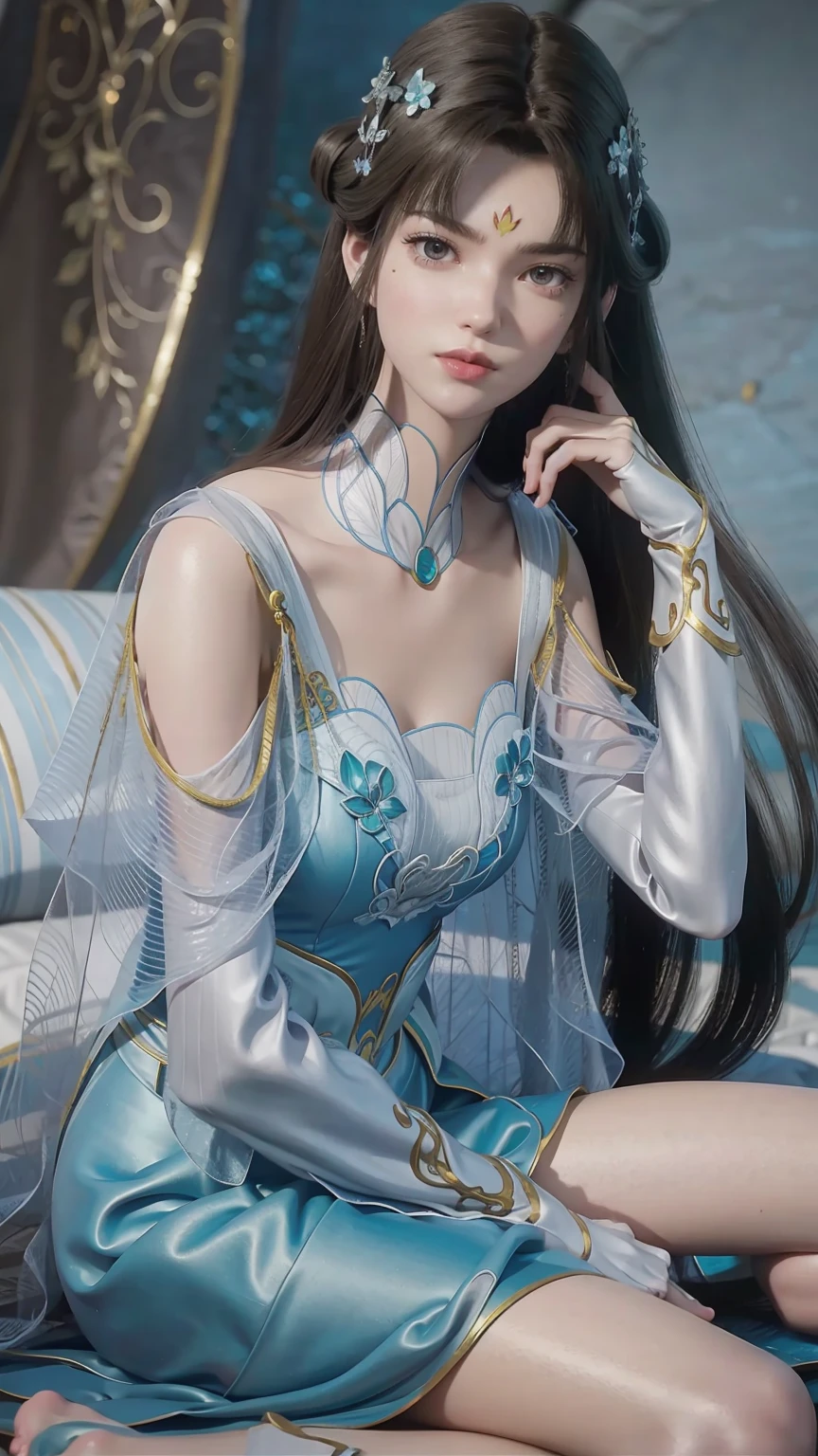 A beautiful young woman，Long hair，Wearing pajamas，Sitting on the bed，barefoot，Wearing a dress，Side-lying，Cross-legged，Full body shot，(Best picture quality，4k,8k，high-definition，excellent work:1.2)，Ultra Detail，(Realistic，Realistic，Realistic:1.37)，Delicate eyes，Delicate lips，Extremely detailed face and eyes，Long eyelashes，Natural light，Warm colors，Soft Focus，，portrait，Chiaroscuro，Deep scene，Cyan eyes，Jade Hands，Clear fingers