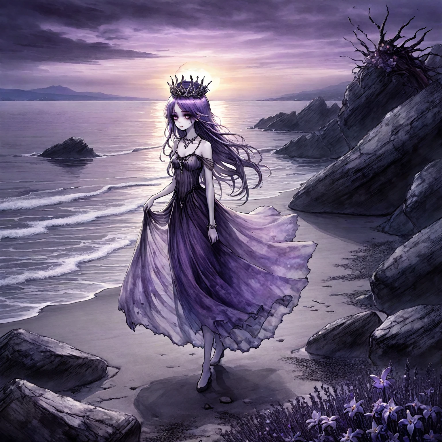 A beautiful creature with a lavender flowers tiara walks on a creepy rocky beach, beach sunset, shadowlike ghost floating, nightmare, gloomy, slightly influenced by Tim Burton and Luis Royo, highly detailed.