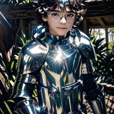 there is a young 10 year old boy dressed in a shiny armor suit, covered in full steel armor, covered in full metal armor, wearin...