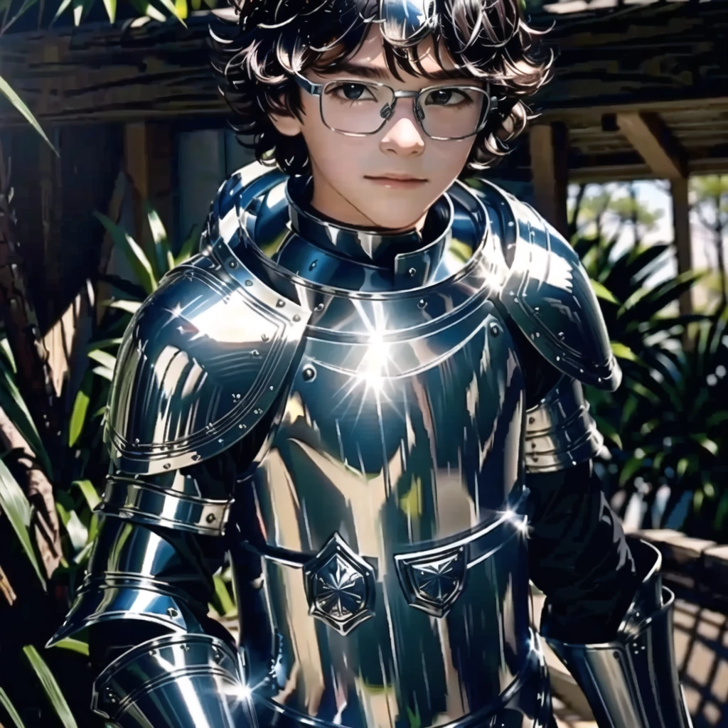 there is a young 10 year old boy dressed in a shiny armor suit, covered in full steel armor, covered in full metal armor, wearing shining plate armor, with sleek silver armor, wearing glasses, circular glasses, 