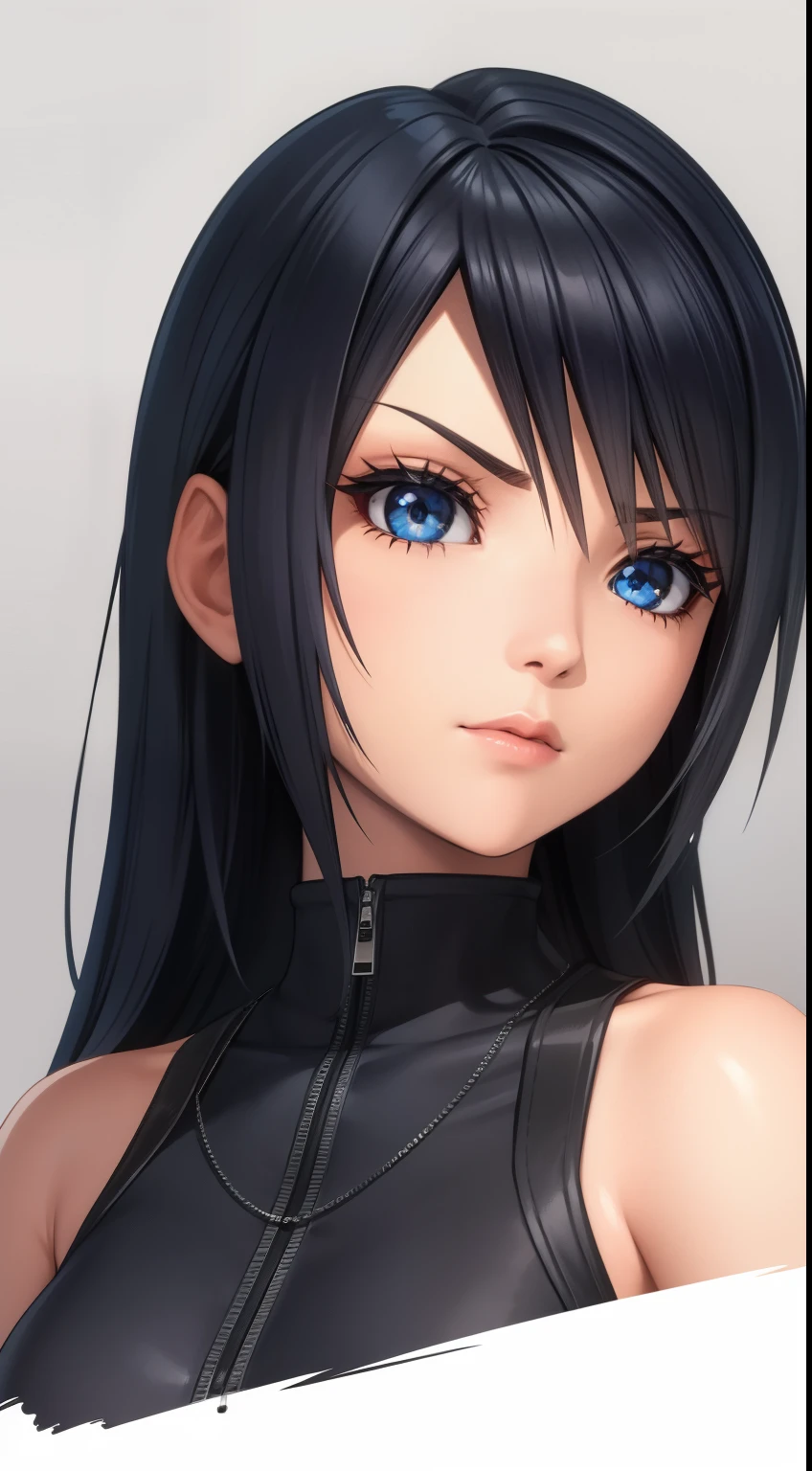 (high-quality, breathtaking),(expressive eyes, perfect face) Symmetrical Eyes, portrait, nomura tetsuya, nomura tetsuya art style, Kingdom Hearts, Kingdom Hearts2, Kingdom Hearts3, 1girl, female, black hair color, dark blue eye colors, hair between eyes, long hair length, neutral expression, feminine face black long sleeved jacket, open jacket, white shirt, black pants, facing towards viewer, black background, official art, starry night, kingdom hearts outfit
