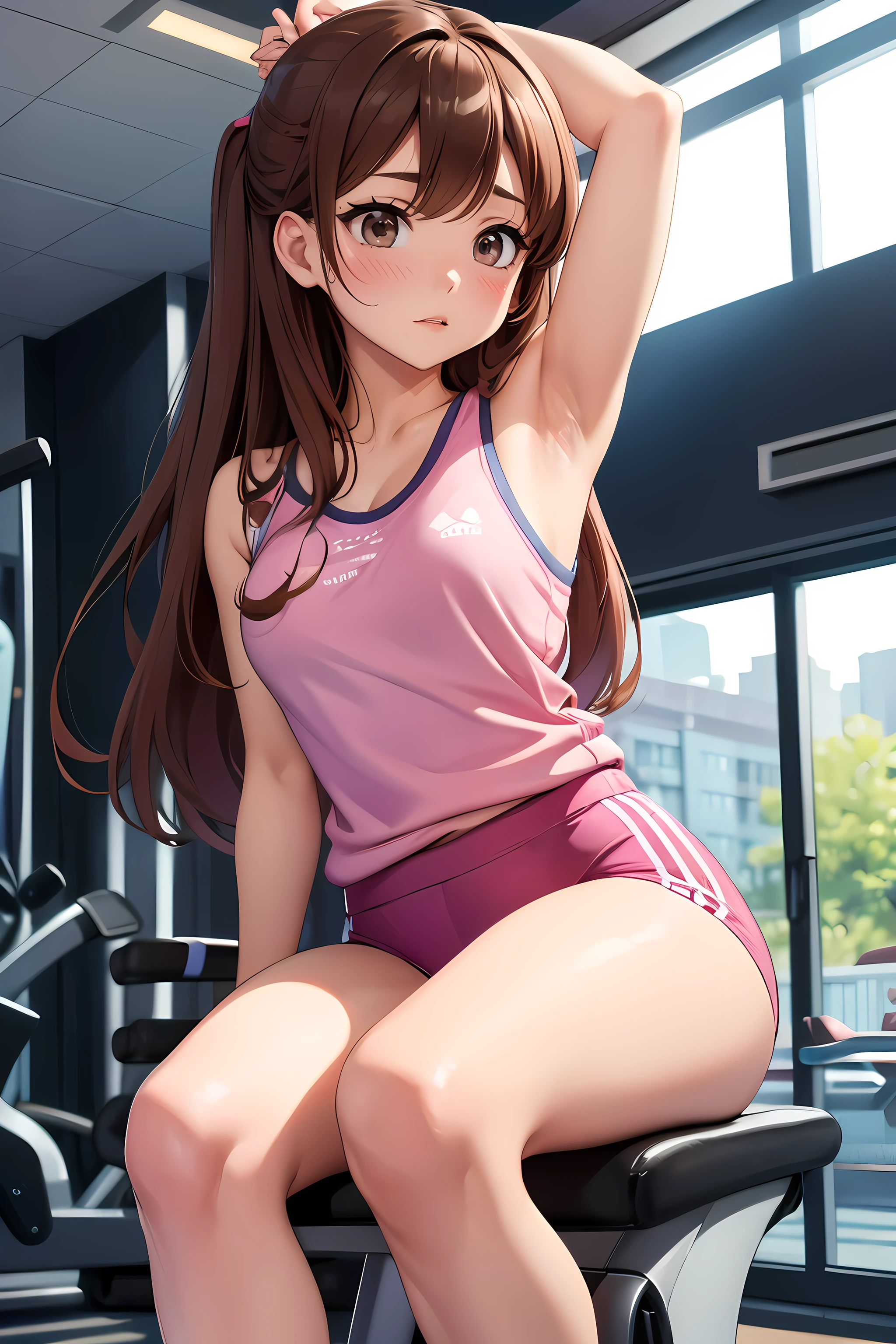 Brown long-haired。Brown eyes。Sweating。I'm at the gym。Leaning back。Showing feet。wearing blue and pink gym clothes。horny blushing sexy