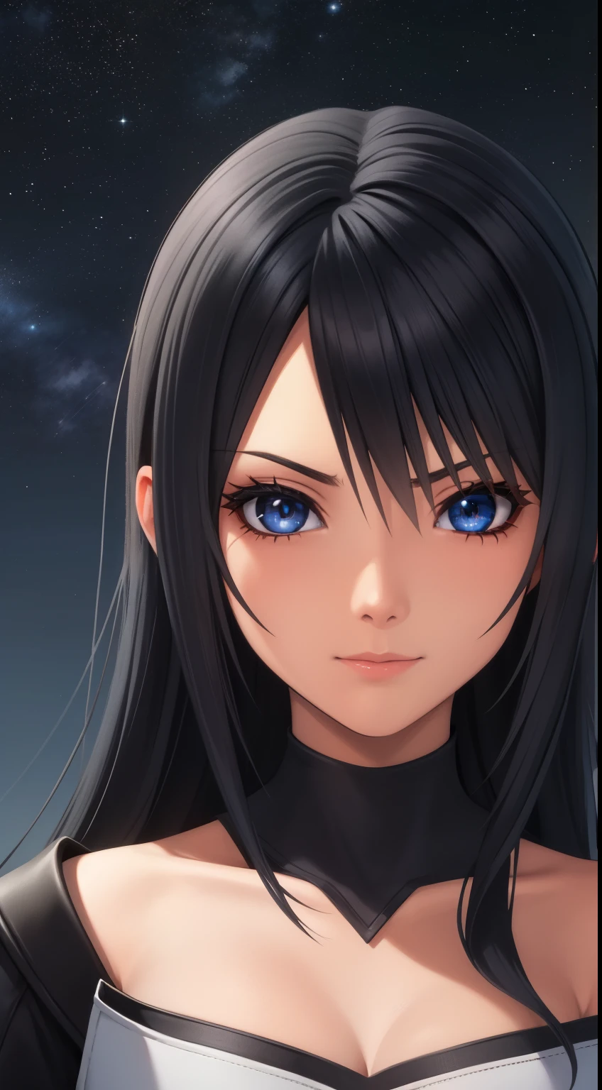 (high-quality, breathtaking),(expressive eyes, perfect face) Symmetrical Eyes, portrait, nomura tetsuya, nomura tetsuya art style, Kingdom Hearts, 1girl, female, black hair color, dark blue eye colors, hair between eyes, long hair length, neutral expression, feminine face black long sleeved jacket, open jacket, white shirt, black pants, facing towards viewer, black background, official art, starry night, kingdom hearts outfit, soft cute smile
