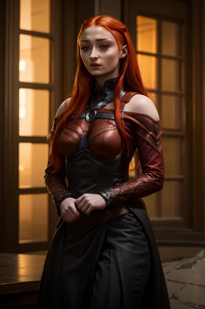 Jean grey(sophie turner), evil dark phoenix, cleavage, full body ((best quality)), ((masterpiece)), (detailed), 1girl, off-shoulder sweater, 