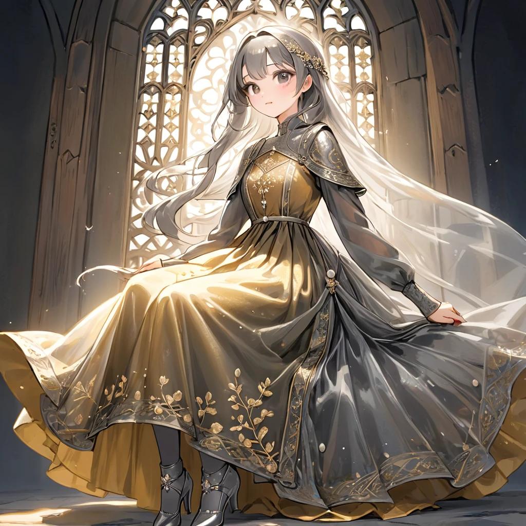 girl, Gold and silver embroidery, Platinum and pearl medieval long dress（With panniers）, Translucent fabric, Pull up the dress by hand, Strong winds, Translucent slip, Grey translucent tights, Peeking from below, Highest quality, Disorder of clothing, sit