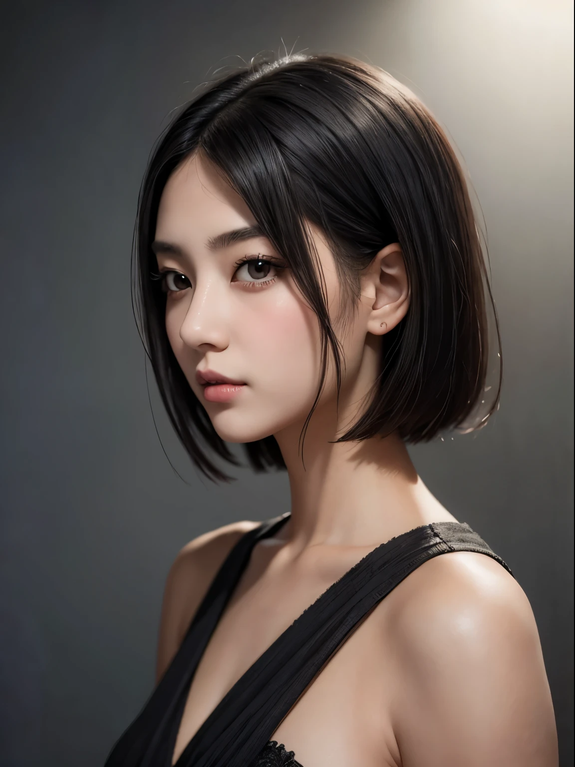 1 girl, black hair, short hair, gray eyes, detailed eyes, focus alone, simple background, female focus, alone, Standing, usagi tzukino, portrait,, (Masterpiece:1.0), (best quality:1.0), ( 8k wallpaper:1.0), (detailed beautiful face:1.0), (detailed deep eyes), deep eyes, looking at viewer,